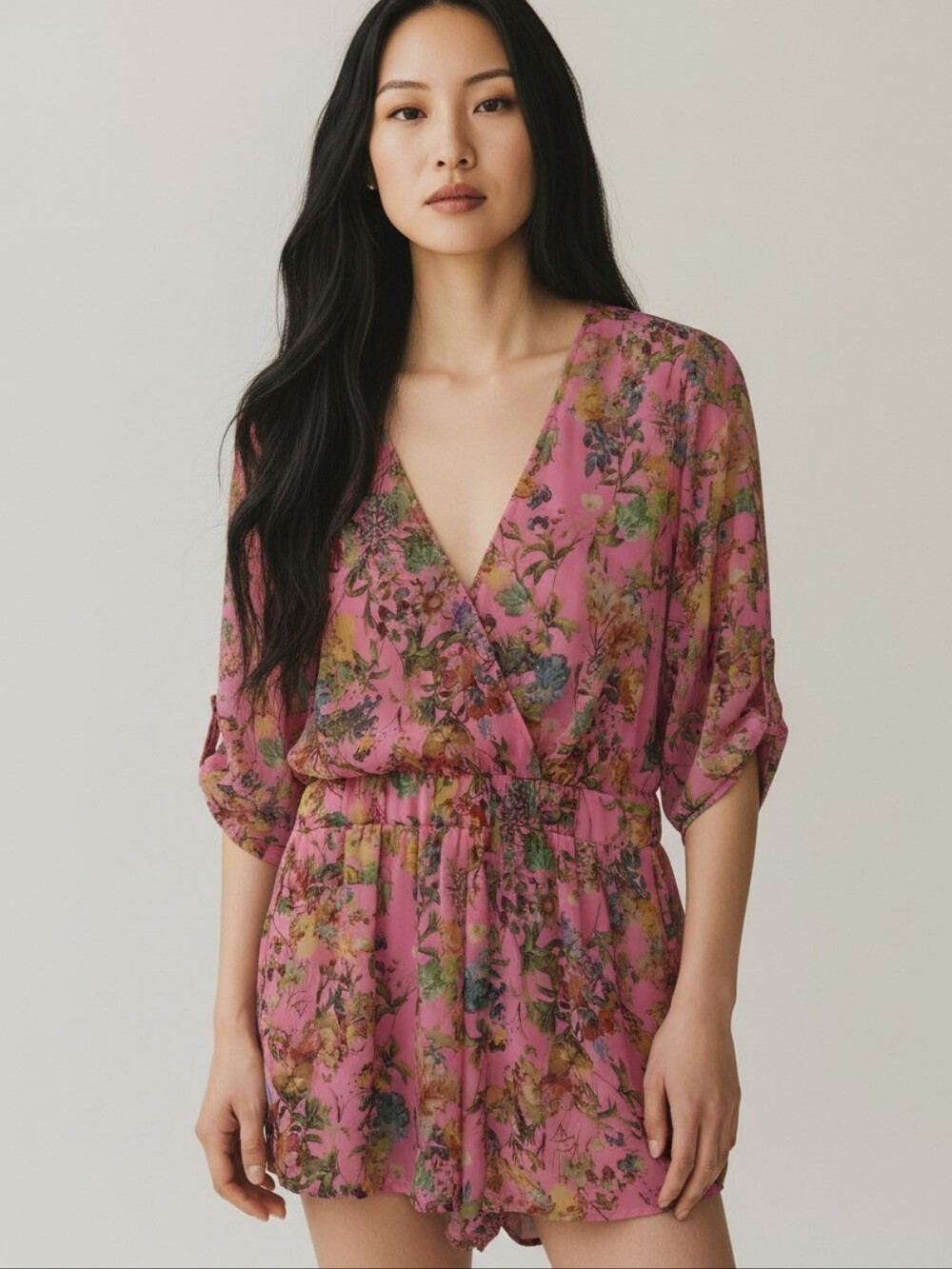 Gianni Bini women's romper floral print v-neck half sleeves sheer size Small